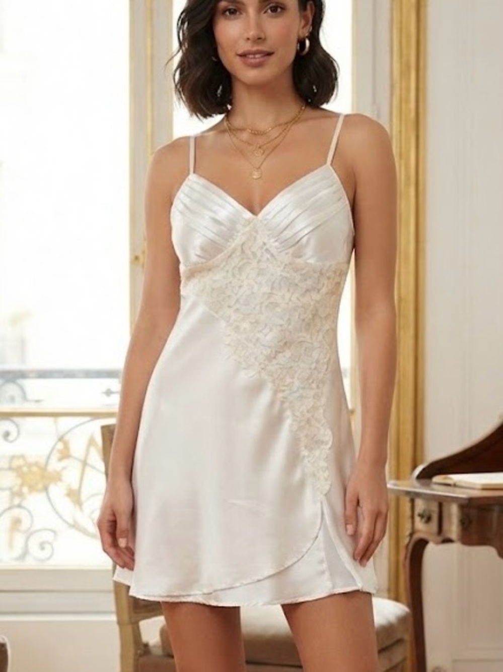 La Vie en Rose White Satin Silky Lace Chemise Slip Lingerie Wedding Embroidered